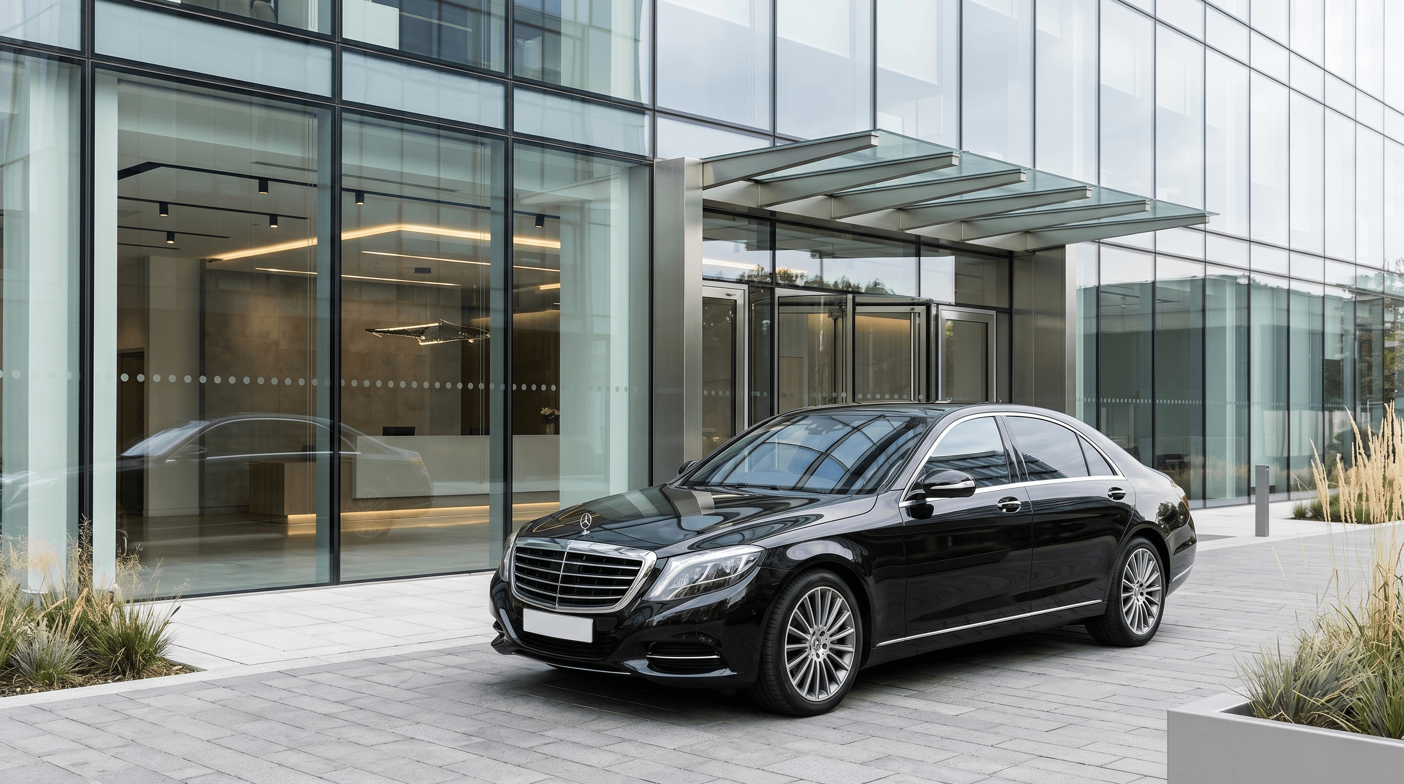 Premium sedan parked in front of office building
