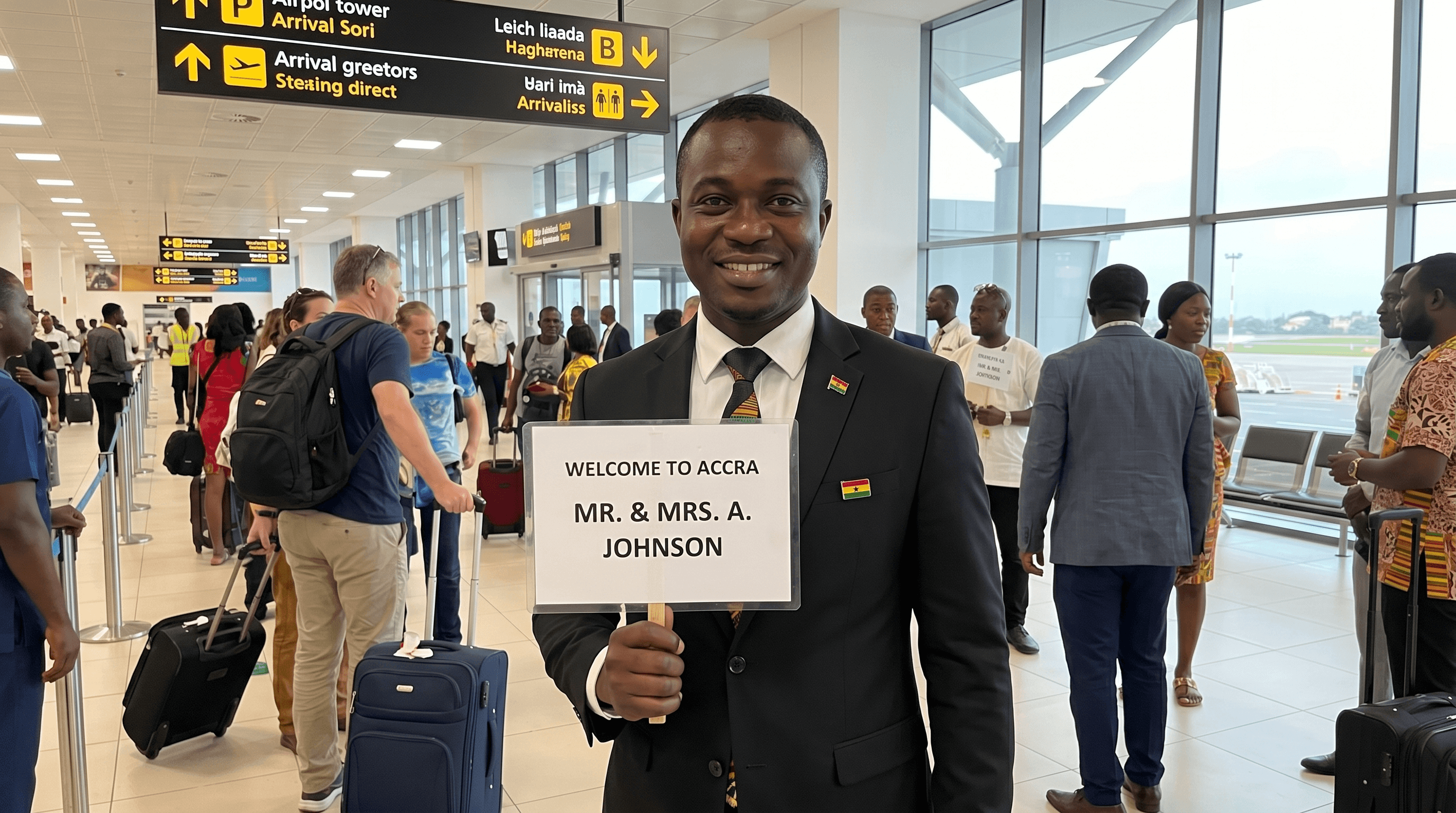 Professional TripEase chauffeur at airport with welcome sign